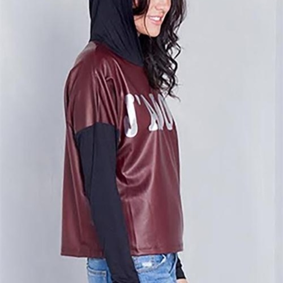 BURGUNDY AND BLACK "J'ADORE" SILVER GRAPHIC HOODIE - Picture 2 of 8